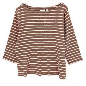 L.L. Bean Striped Shirt 100% Cotton 3/4 Sleeve Top Boatneck Brown Pink Size 3X